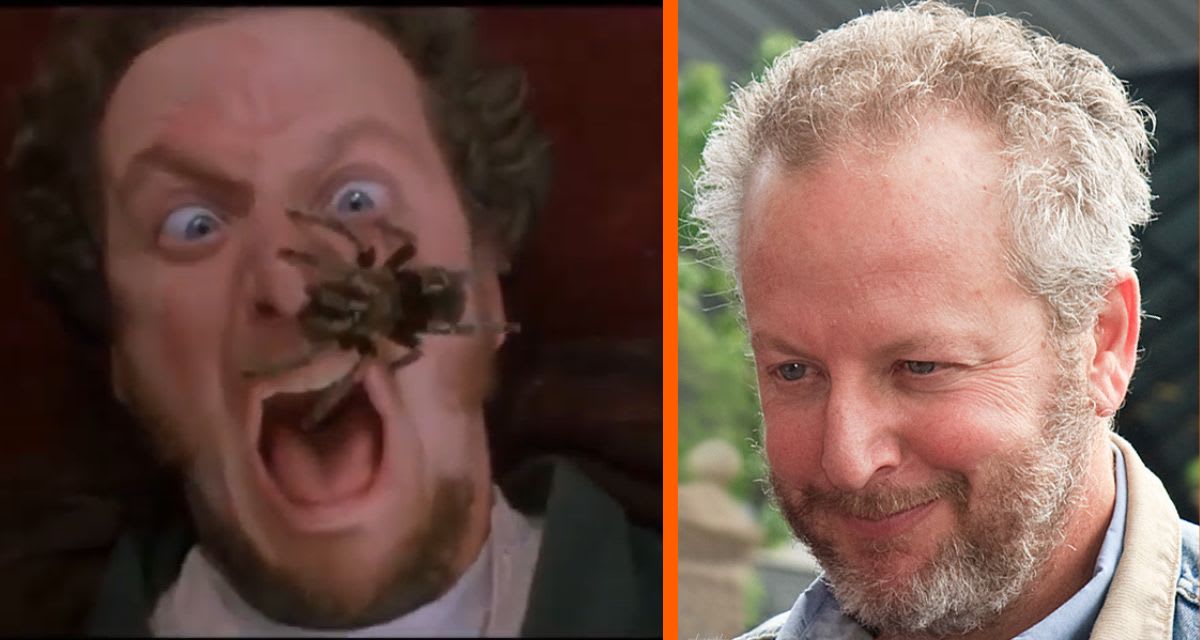 Bronze sculpture of Marv from Home Alone with tarantula on face and iron on head