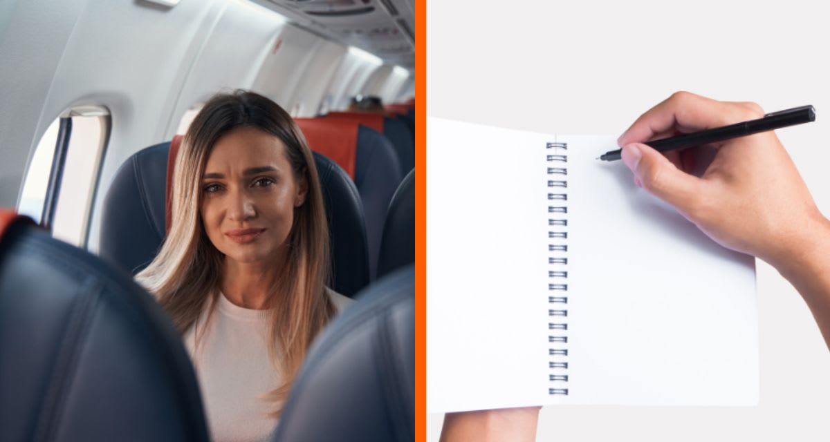 Woman holding notebook on airplane while passengers smile and write story together