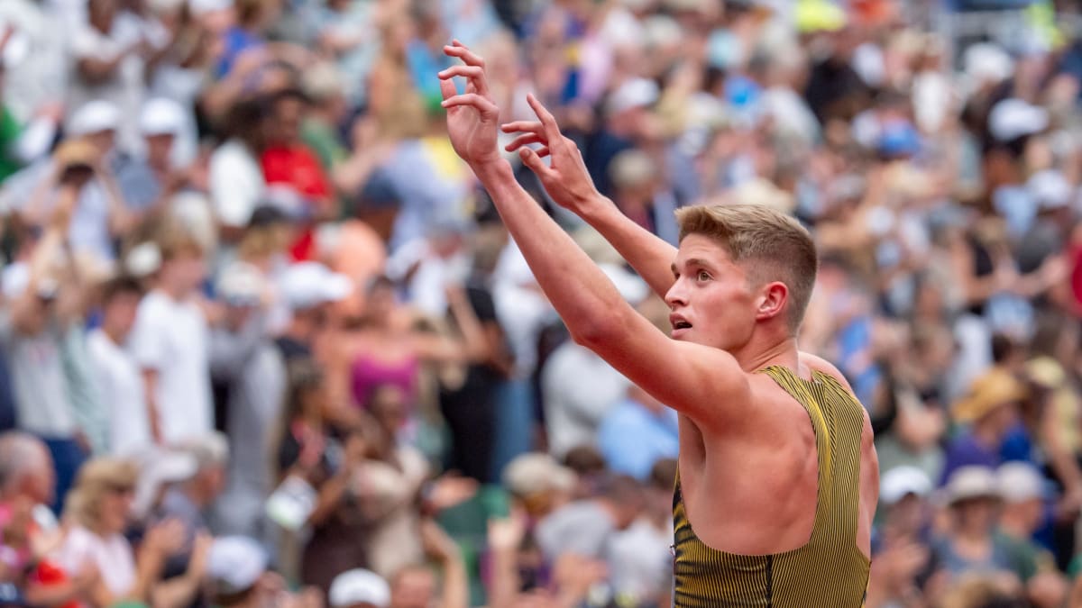 Texas teenager Cooper Lutkenhaus celebrating after winning 800-meter race at Diamond League meet