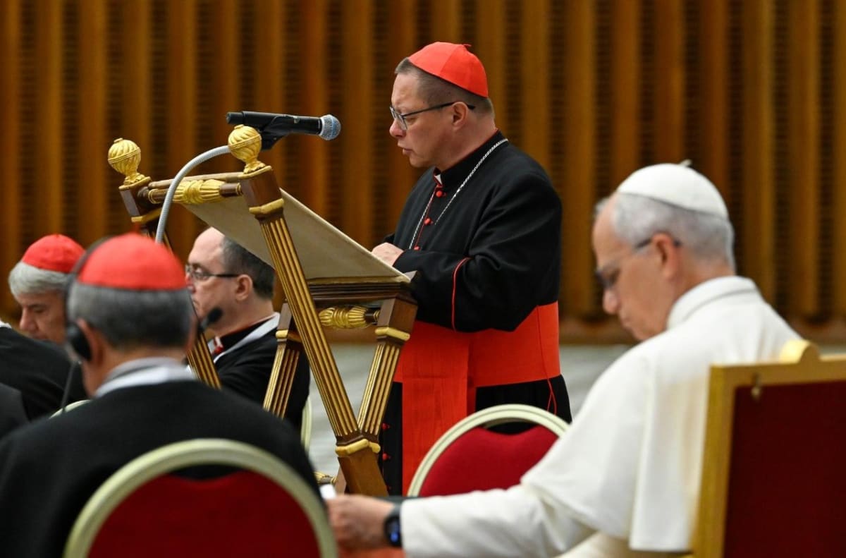 Cardinal Grzegorz Ryś speaking at podium during Vatican Extraordinary Consistory in Paul VI Hall