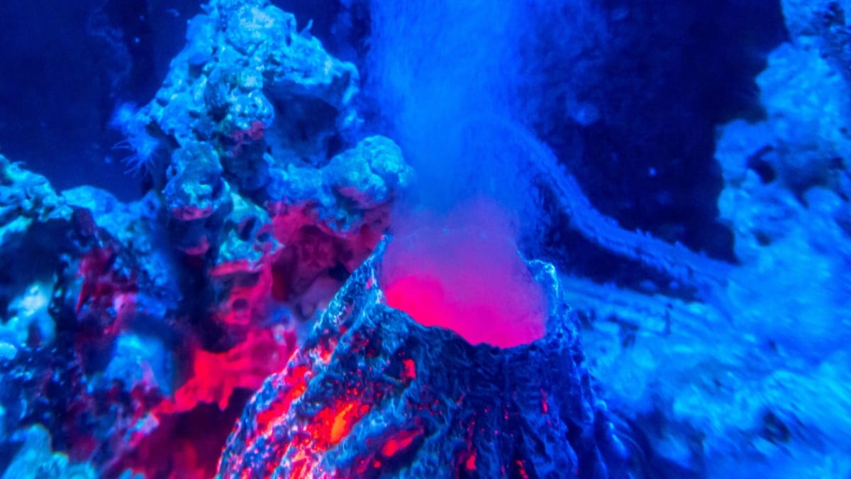 Digital illustration of underwater volcanic caldera crater on ocean floor showing collapsed crater formation