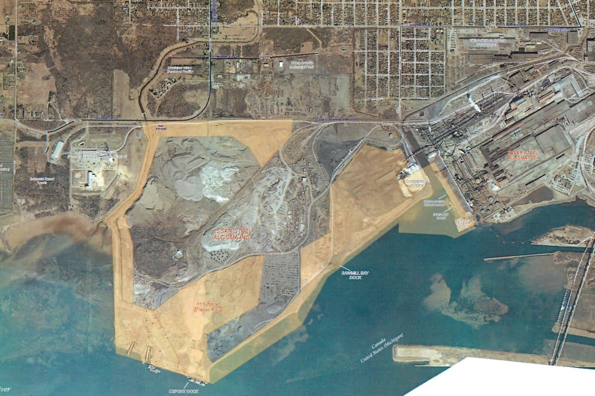 Aerial view of waterfront industrial land in Sault Ste. Marie, Ontario designated for port development