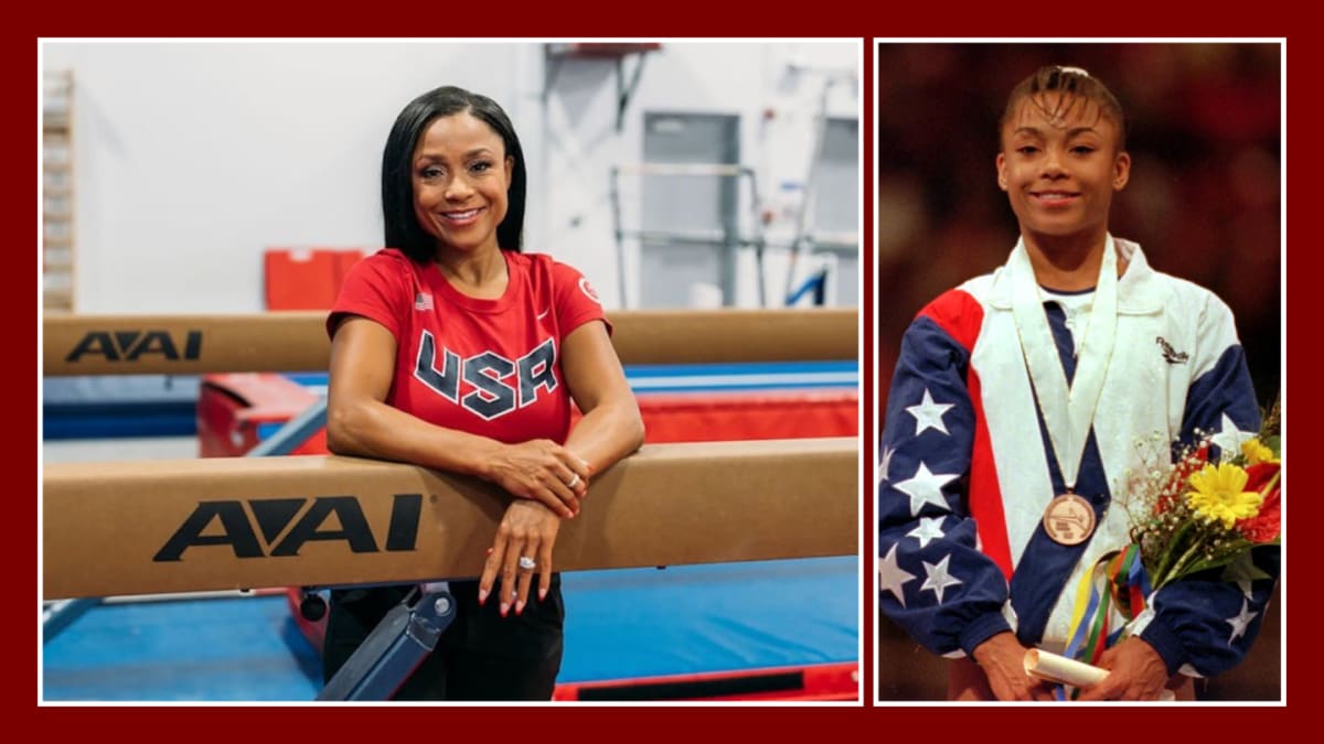Four-time Olympic medalist Dominique Dawes smiling at her gymnastics academy with young students