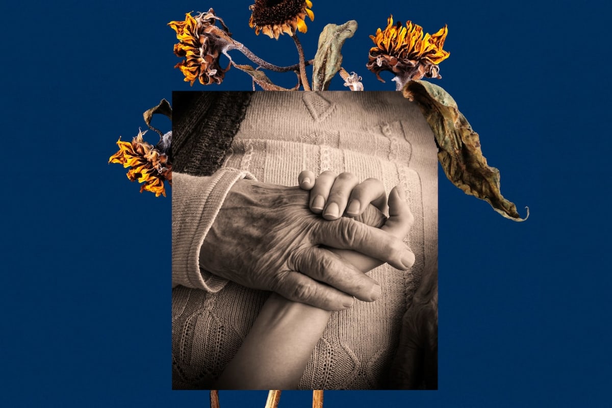 Compassionate caregiver holding elderly person's hand in peaceful healthcare setting