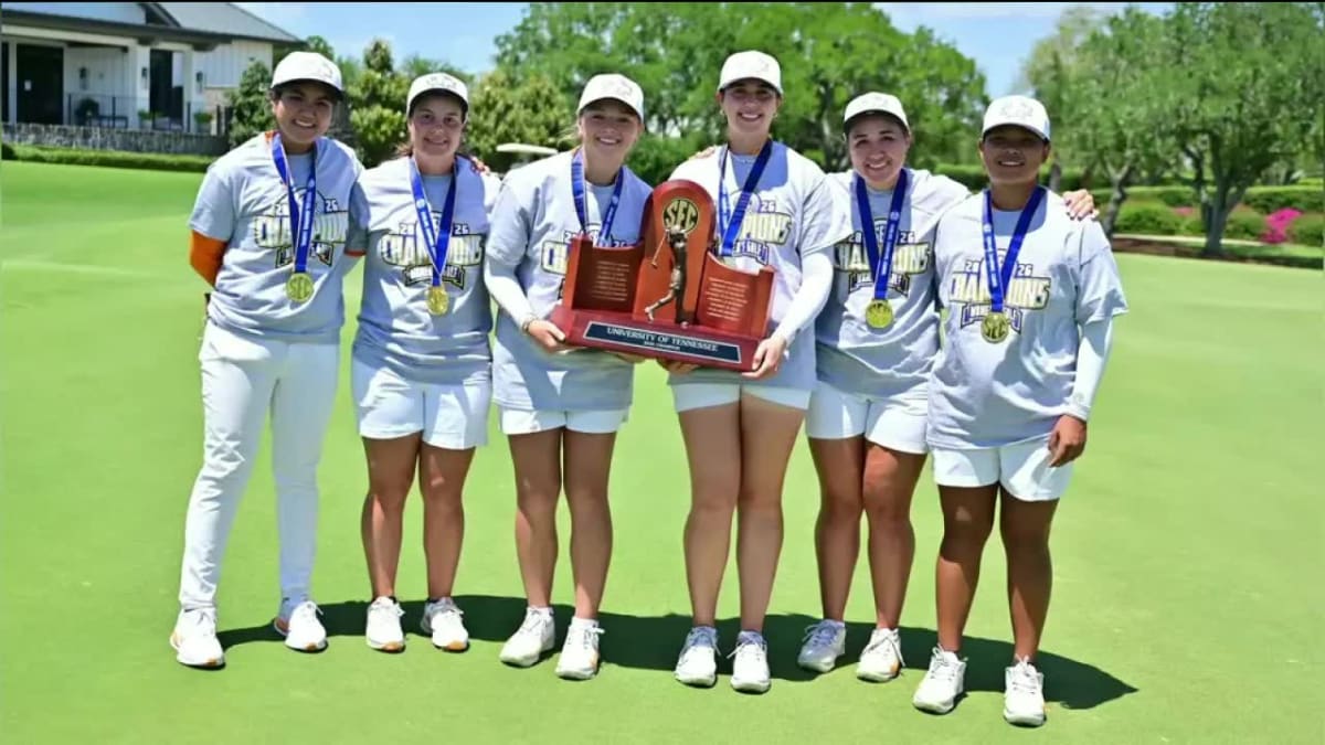University of Tennessee Lady Vols golf team celebrating their first SEC championship victory together