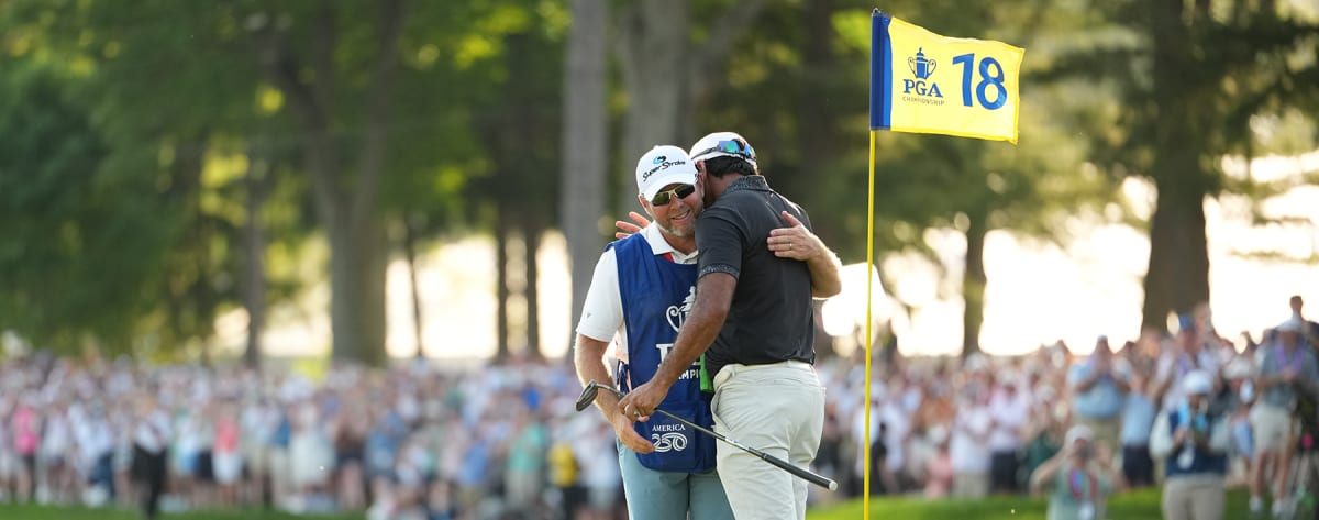 Aaron Rai celebrating his historic PGA Championship victory at Aronimink Golf Club