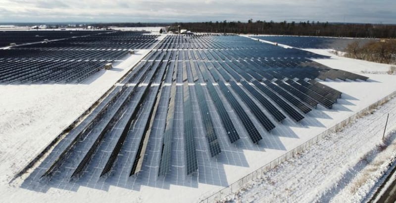 Rows of blue solar panels gleaming under bright winter sunshine with snow on ground