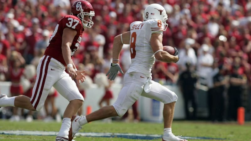 Jordan Shipley in Texas Longhorns uniform celebrating on football field, showcasing his legendary college career and athletic excellence