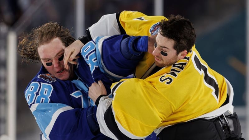 Two NHL goalies facing off at center ice during historic outdoor game fight