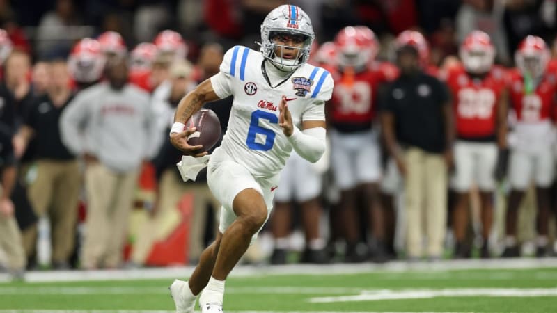 Trinidad Chambliss in Ole Miss uniform celebrating during College Football Playoff game against Miami