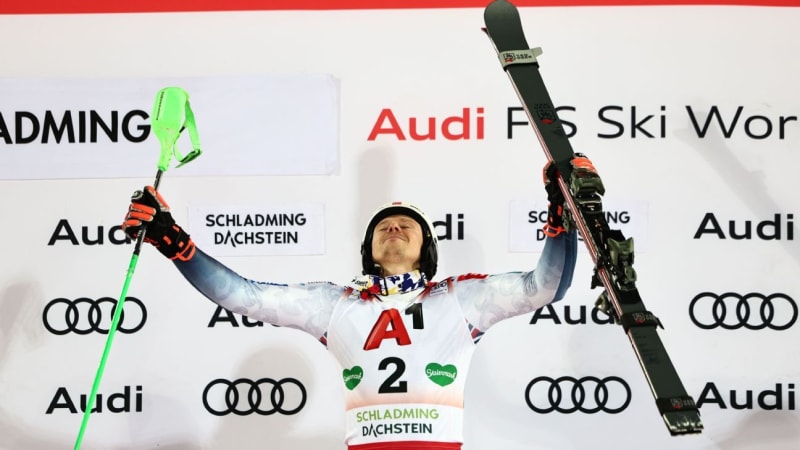Norwegian skier Henrik Kristoffersen celebrates emotionally under floodlights after winning World Cup slalom race