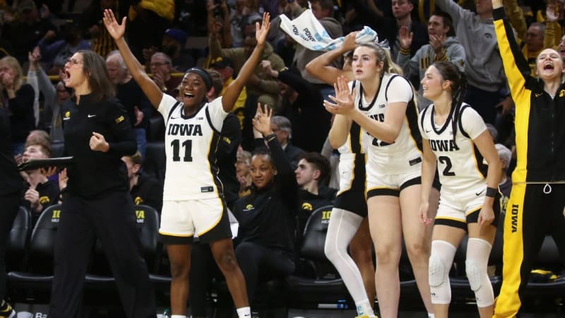 Iowa Hawkeyes women's basketball players celebrating on court during game