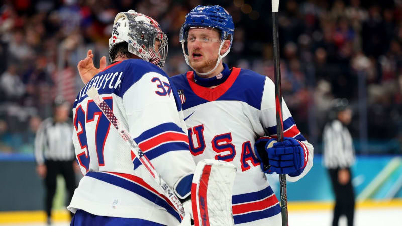 Auston Matthews celebrates after scoring goal for Team USA at 2026 Milan Olympics