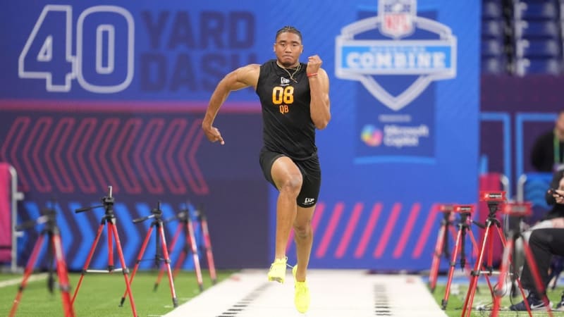 Arkansas quarterback Taylen Green performing athletic drills at NFL Scouting Combine in Indianapolis