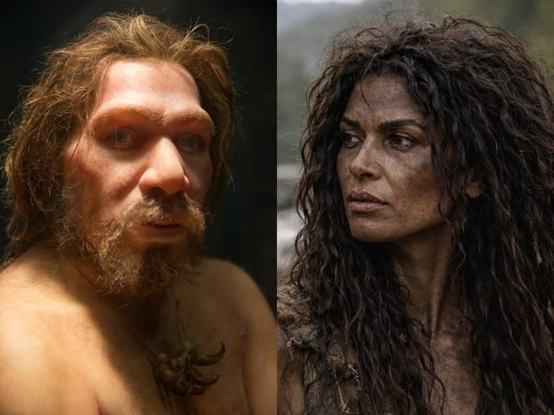 Museum display showing male Neanderthal reconstruction beside female modern human reconstruction