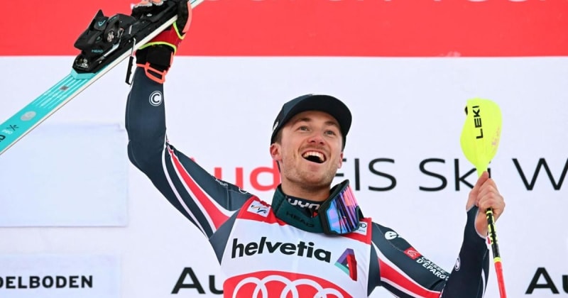 French skier Paco Rassat celebrates his first World Cup slalom victory in Adelboden, Switzerland