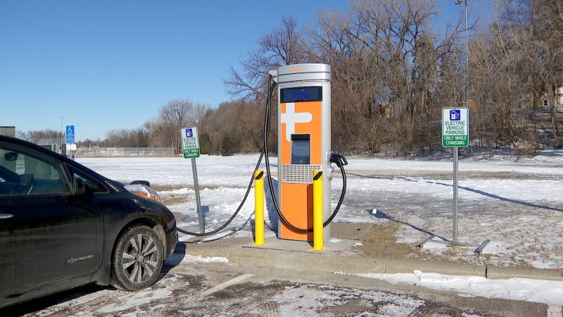 Electric vehicle charging station with two ports at Lakeview Terrace Park in Robbinsdale, Minnesota