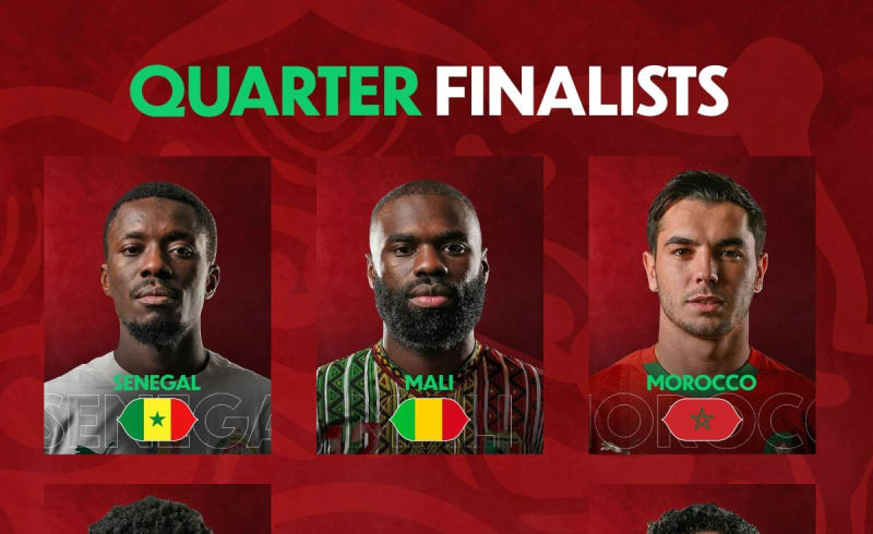 Football players celebrating during Africa Cup of Nations 2025 quarter-final matches in Morocco stadium with enthusiastic crowds