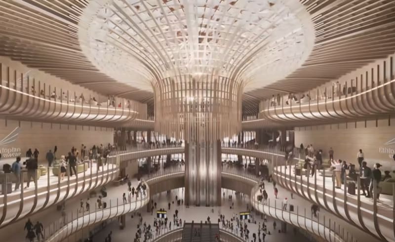 Construction ceremony for Bishoftu International Airport with Ethiopian officials and modern airport architectural plans