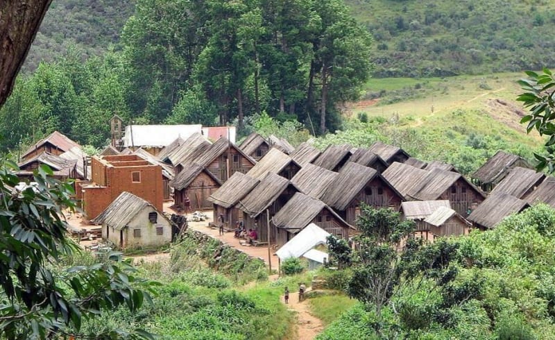 Traditional carved wooden Zafimaniry house in the misty highlands of Madagascar