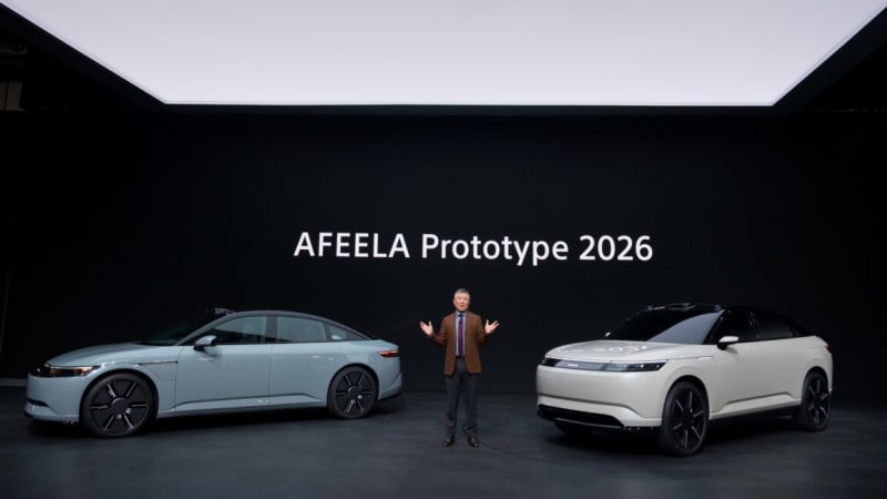 Sony Honda Mobility's Afeela electric crossover vehicle displayed at Consumer Electronics Show, showcasing sleek modern design and innovative automotive technology