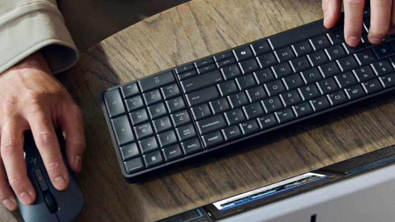 HP EliteBoard G1a keyboard-PC showing sleek membrane keyboard design with integrated Windows 11 computer and USB-C ports