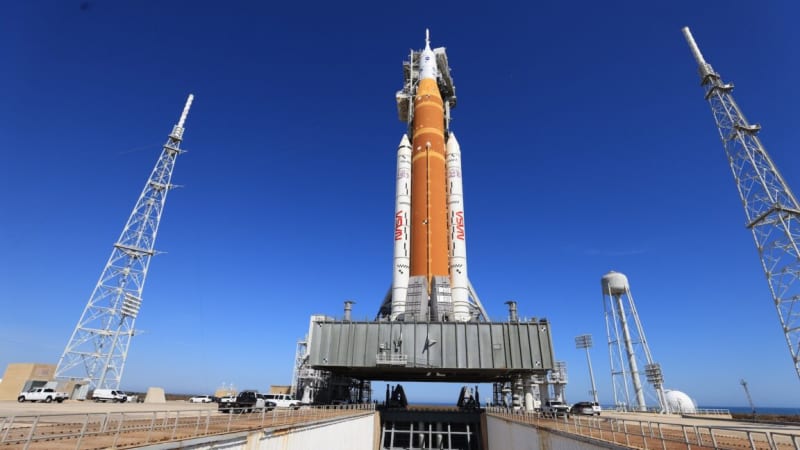 NASA's Space Launch System rocket standing on launch pad at Kennedy Space Center in Florida