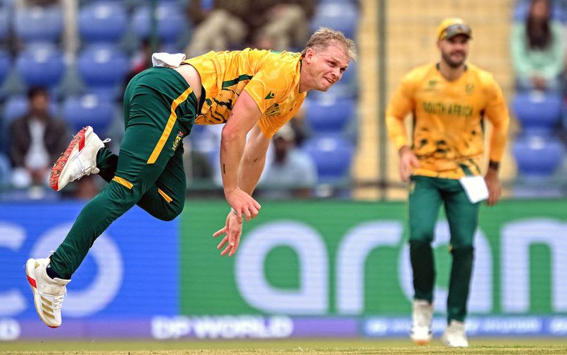 Corbin Bosch celebrates taking a wicket for South Africa at T20 World Cup in Delhi