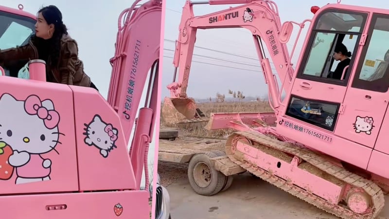 Pink Power: Woman Transforms Excavator into Hello Kitty Dream Machine, Redefines Construction Chic