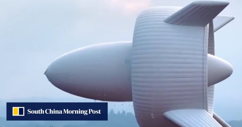 Giant white helium airship S2000 floating in clear sky above Sichuan province generating wind power