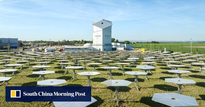 Sunlight streaming onto scientific equipment converting carbon dioxide into sustainable fuel components