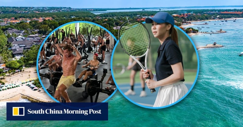 Young woman preparing to serve tennis ball during match at tropical training camp