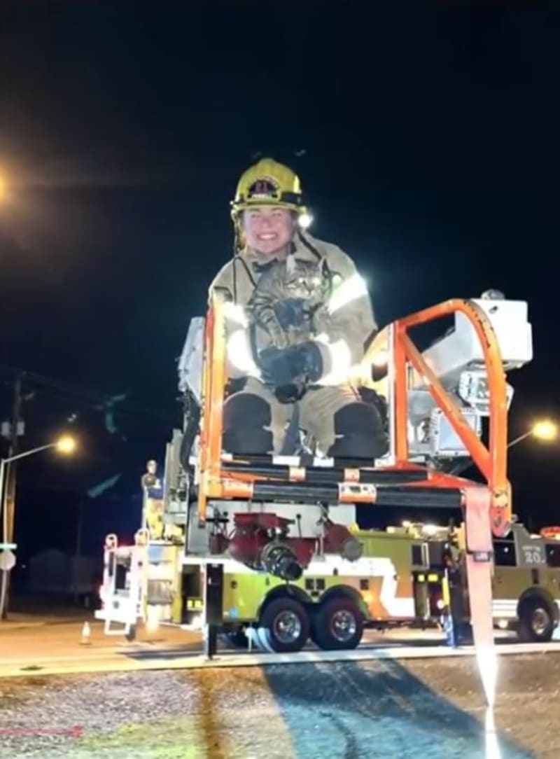Gray tabby cat Benny being rescued from tree by Oregon firefighter in Central Point