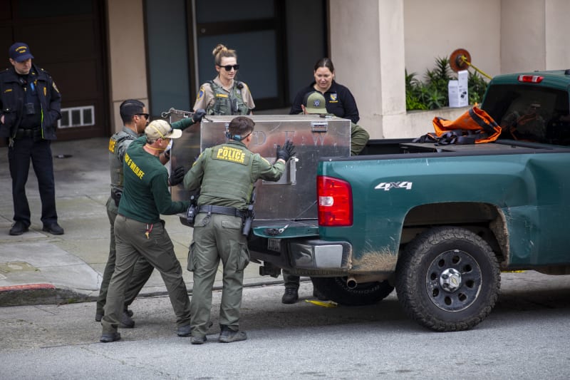 Wildlife officials carry metal crate containing tranquilized juvenile mountain lion on San Francisco street
