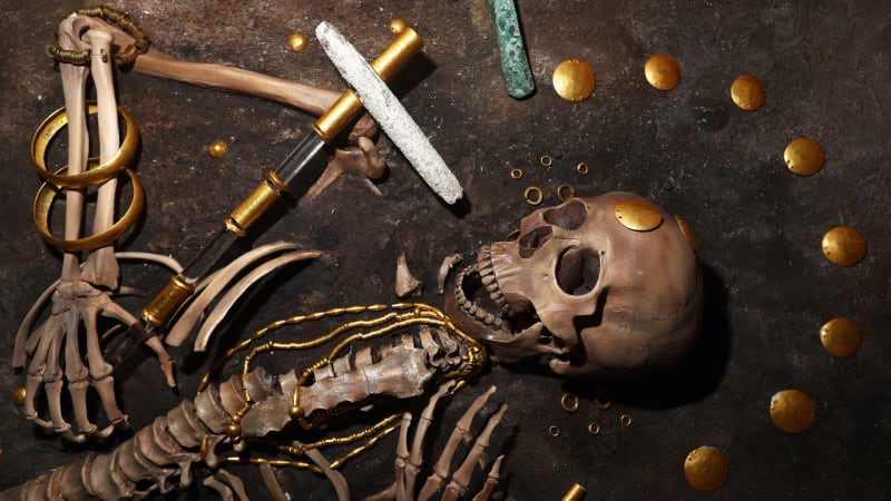 Recreated skeleton from Grave 43 in Varna, Bulgaria surrounded by ancient gold artifacts