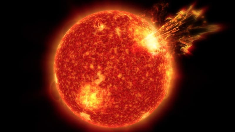 Artist's illustration showing massive superflare erupting from surface of distant star in space