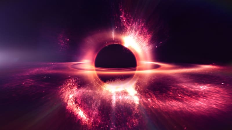 Illustration showing a black hole surrounded by swirling clouds of dust and gas