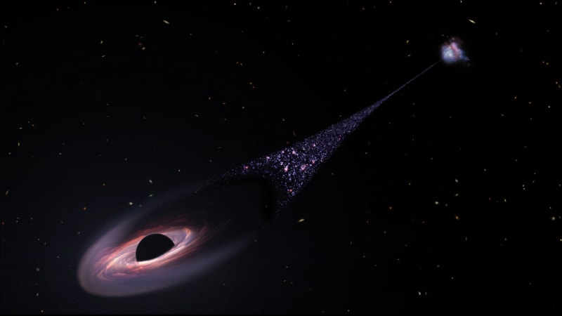 Artist's impression of runaway supermassive black hole creating a luminous trail of newborn stars across deep space
