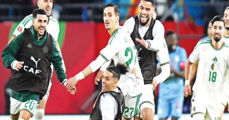 Algeria football players celebrating dramatic extra-time goal victory at 2025 Africa Cup of Nations in Morocco