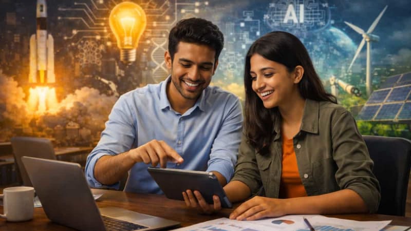 Young Indian entrepreneurs collaborating in modern tech workspace celebrating startup success