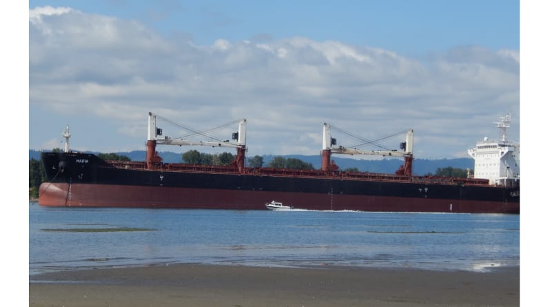 Modern cargo ships docked at a scenic Canadian port with mountains in the background, representing green maritime innovation