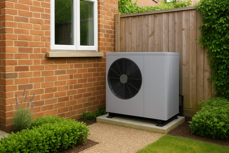Modern heat pump unit installed outside new energy-efficient Oregon home