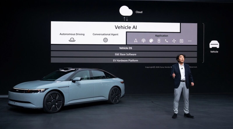 Sony Honda Mobility's sleek AFEELA 1 electric vehicle displayed at CES 2026 showcase in Las Vegas