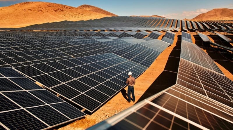 Aerial view of massive solar panel arrays stretching across Egyptian desert landscape