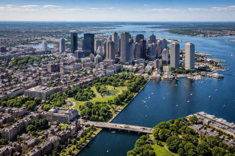 Yellow electric school bus charging at modern charging station in Boston school bus yard