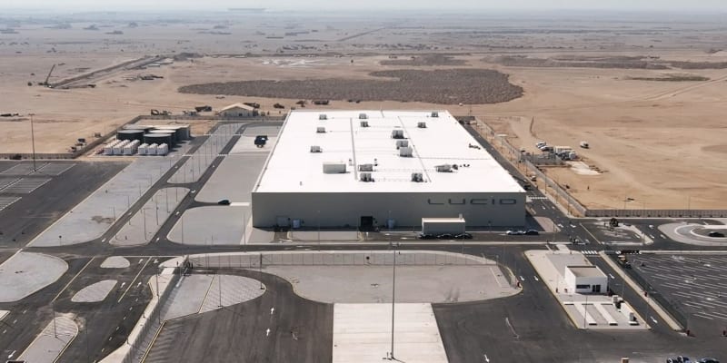 Modern Lucid electric vehicle manufacturing facility in Saudi Arabia with advanced assembly equipment