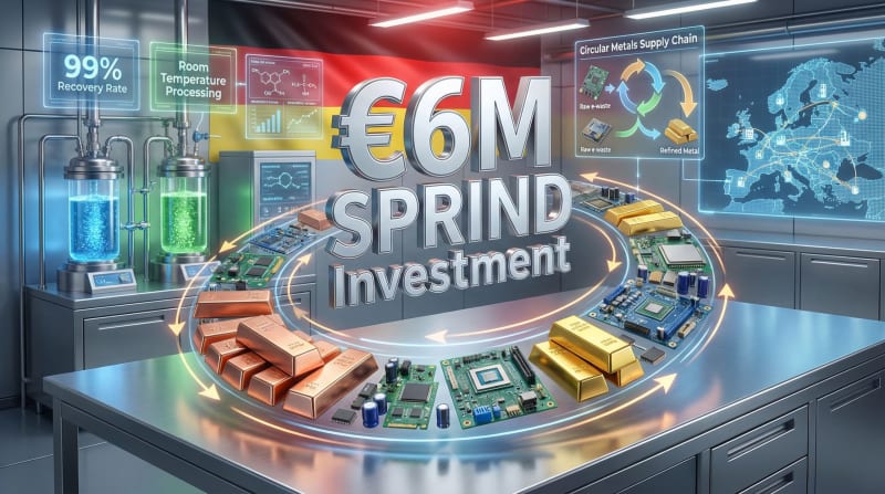 Modern metal recycling facility with circular arrows symbolizing sustainable circular economy and green manufacturing innovation in Germany