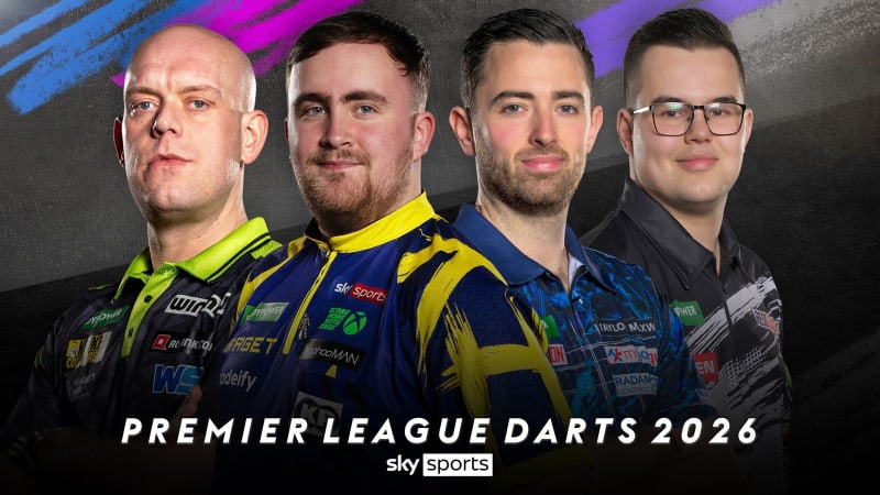 Professional darts players competing on stage with enthusiastic crowd watching Premier League Darts championship tournament action
