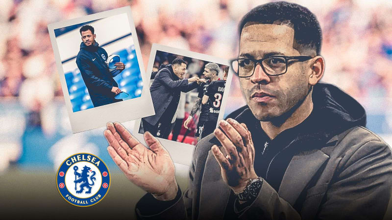 Liam Rosenior smiling confidently in Chelsea coaching attire at Stamford Bridge, representing his inspiring journey to Premier League management