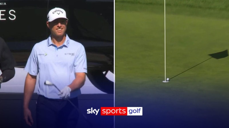 Golfer Max Greyserman celebrates after hitting hole-in-one at Genesis Invitational tournament